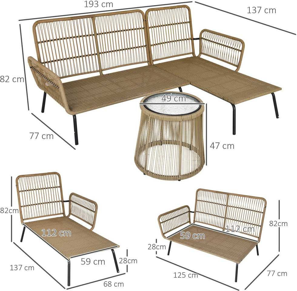 Lauko baldų komplektas Outsunny 3 dalių rotango sodo baldų komplektas, 2 vietų sofa su šezlongu ir staliuku