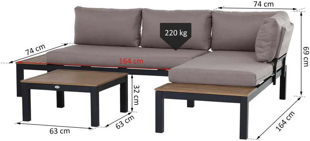 Lauko baldų komplektas Outsunny 3 dalių sodo baldų komplektas su šoniniu staliuku, sofa su pagalvėlėmis, lauko, aliuminis, 164 x 74 x 69 cm