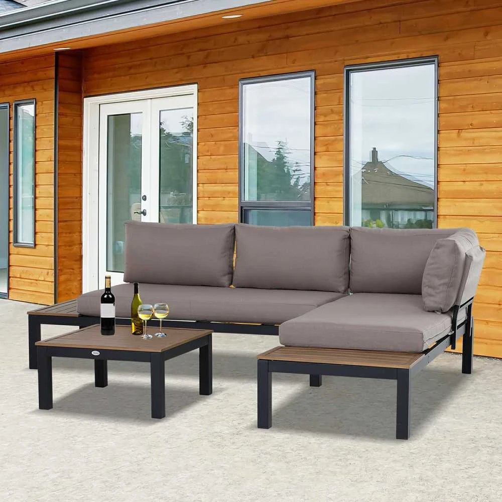 Lauko baldų komplektas Outsunny 3 dalių sodo baldų komplektas su šoniniu staliuku, sofa su pagalvėlėmis, lauko, aliuminis, 164 x 74 x 69 cm