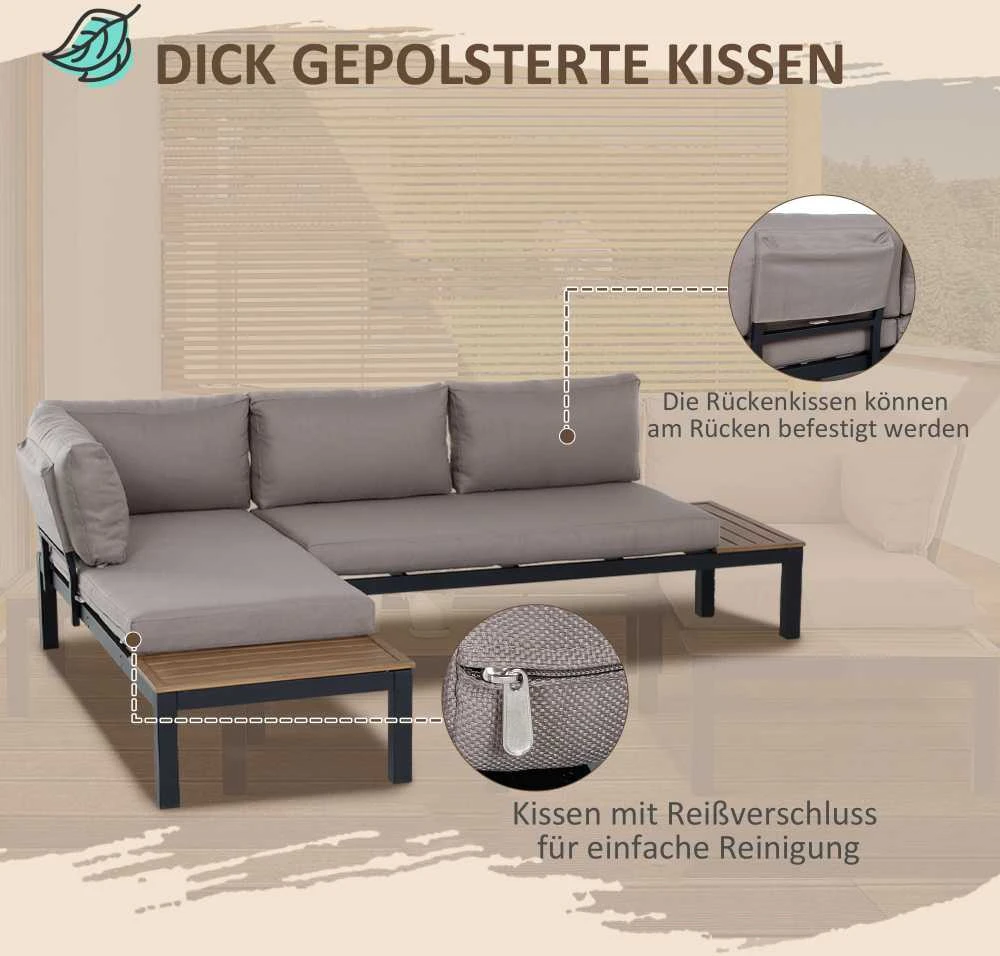 Lauko baldų komplektas Outsunny 3 dalių sodo baldų komplektas su šoniniu staliuku, sofa su pagalvėlėmis, lauko, aliuminis, 164 x 74 x 69 cm