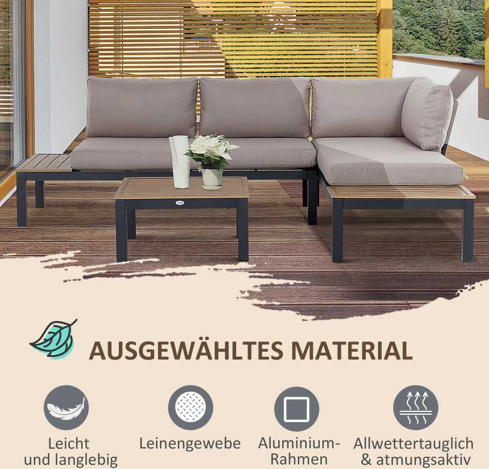 Lauko baldų komplektas Outsunny 3 dalių sodo baldų komplektas su šoniniu staliuku, sofa su pagalvėlėmis, lauko, aliuminis, 164 x 74 x 69 cm