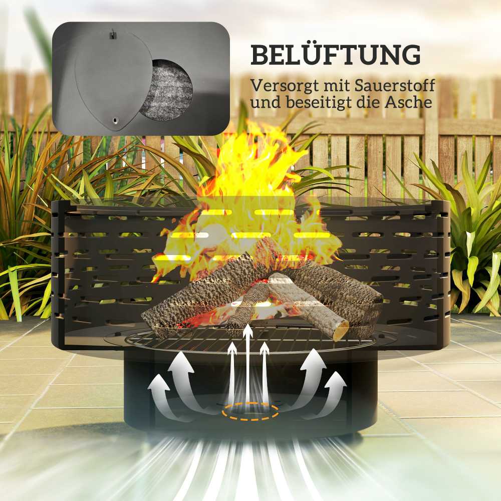 Outsunny 3-in-1 laužavietė Ø60 x 39 cm iš nerūdijančio plieno su kepsnine, žarstekliu ir dangčiu, medžio imitacija, skirta sodui, balkonui, terasai, kepsninei ir stovyklavimui, anglies pilka spalva