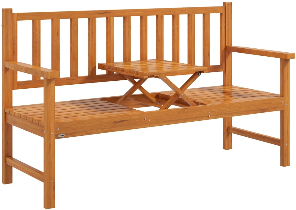 Outsunny 3 vietų sodo suoliukas su staliuku, porankiais, medinis, iki 280 kg, balkonui ir terasai, šviesiai rudas, 153x56x91 cm