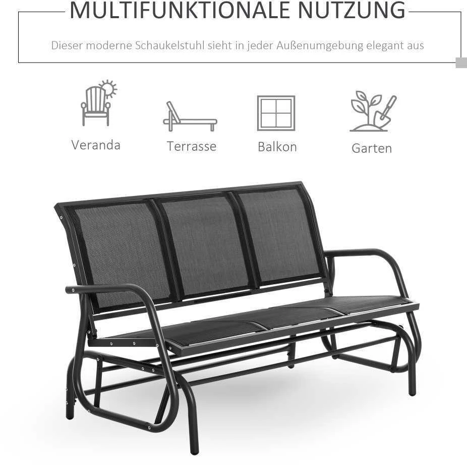 „Outsunny“ 3 vietų supama kėdė – tvirtas sodo suoliukas, sodo supynės, metalinis, atsparus oro sąlygoms, juodas, 151x75x85 cm
