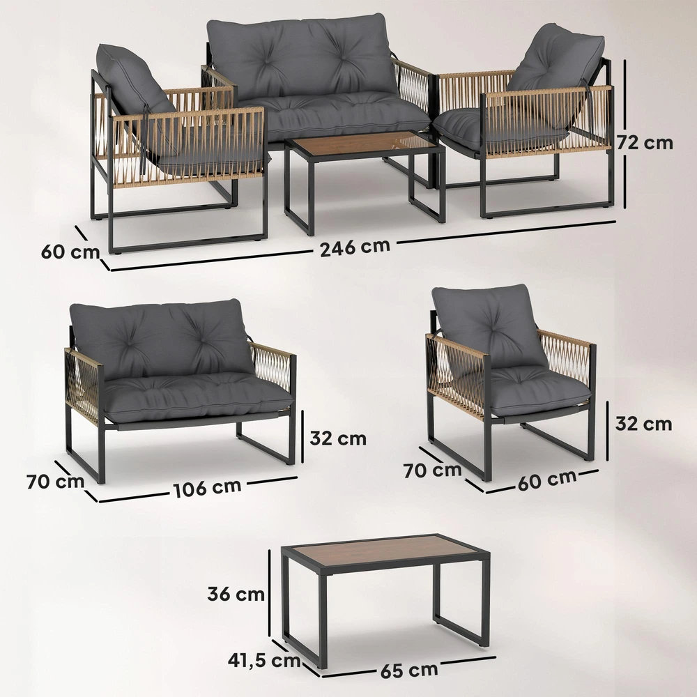 Lauko baldų komplektas Outsunny 4 dalių rotango sodo baldų komplektas, sėdimoji dalis su pagalvėlėmis, sodo baldų komplektas su 1 stikliniu kavos staliuku, 2 foteliais, 1 dviviete sofa