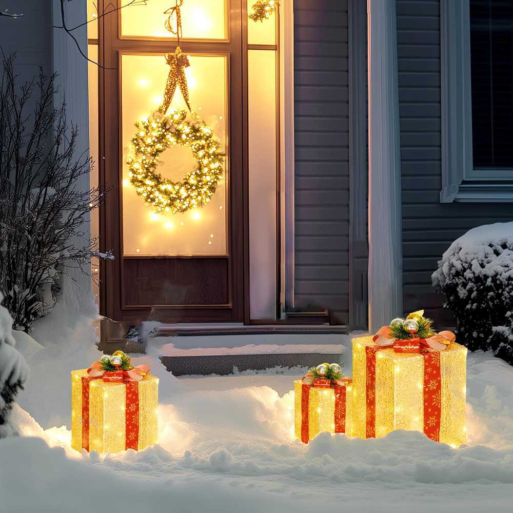 Outsunny Kalėdinių dovanų dėžučių rinkinys su 58 LED, auksinis, 25,5 × 25,5 × 35 cm, 3 vnt.
