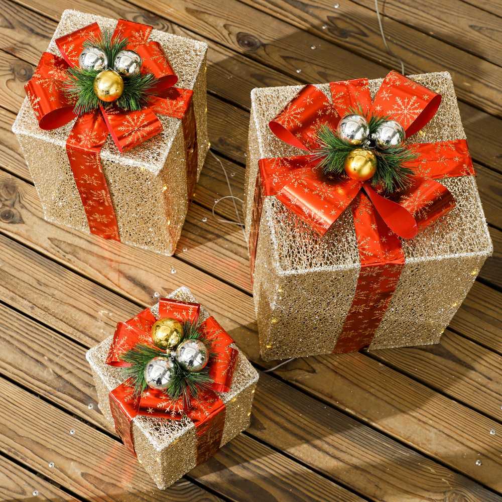 Outsunny Kalėdinių dovanų dėžučių rinkinys su 58 LED, auksinis, 25,5 × 25,5 × 35 cm, 3 vnt.