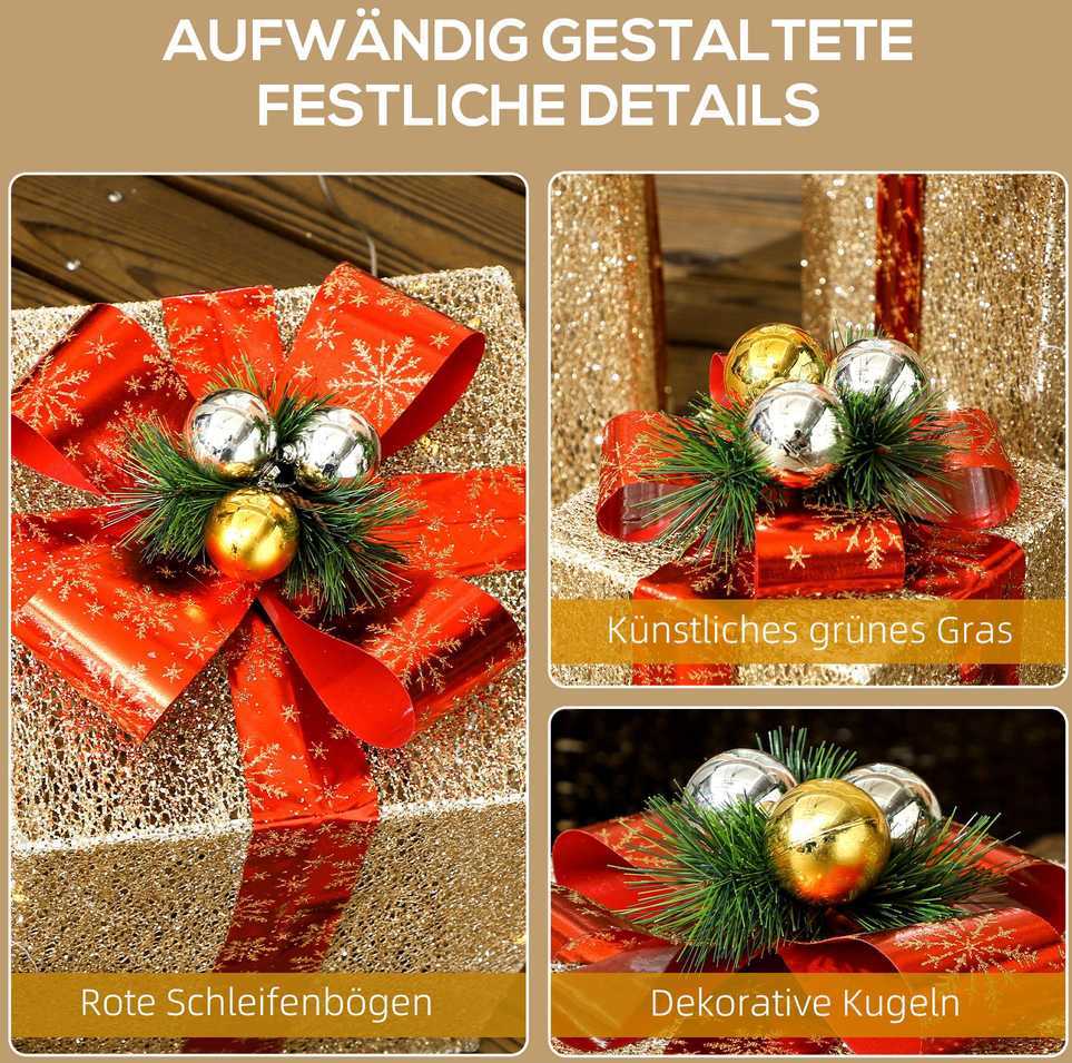 Outsunny Kalėdinių dovanų dėžučių rinkinys su 58 LED, auksinis, 25,5 × 25,5 × 35 cm, 3 vnt.