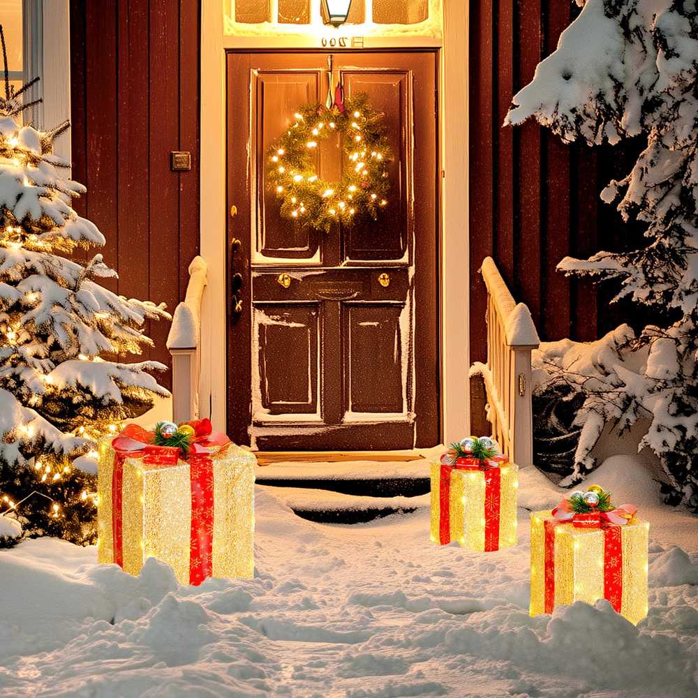 Outsunny Kalėdinių dovanų dėžučių rinkinys su 58 LED, auksinis, 25,5 × 25,5 × 35 cm, 3 vnt.