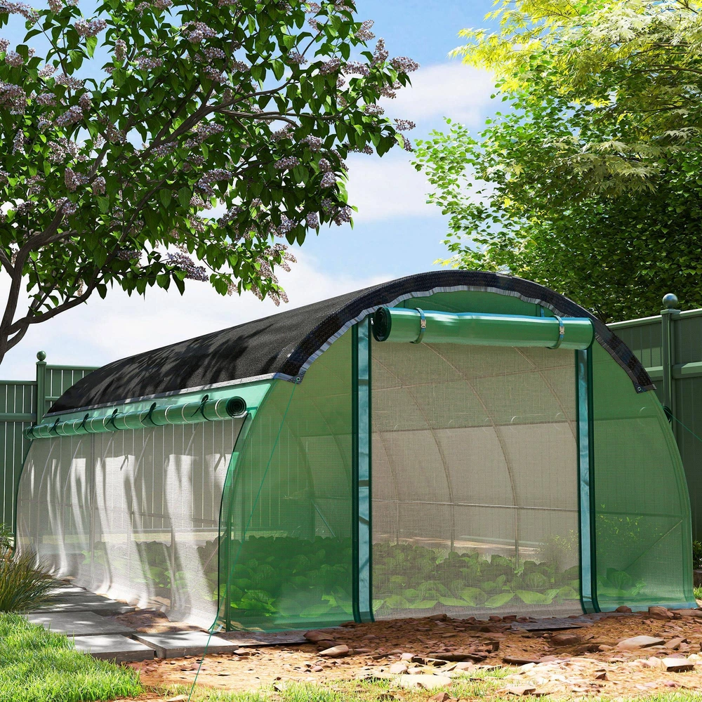 Outsunny 6 x 3 x 2 m plėvelinis šiltnamis su 12 langų, roletinėmis durimis, pakeliamomis sienelėmis, UV spinduliams atsparus arkinis šiltnamis, žieminis pomidorų namelis su žemės inkariniais laikikliais, žalias