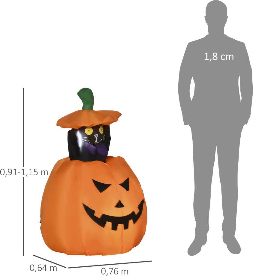 "Outsunny" 91-115 cm pripučiamas moliūgų vaiduoklis su judančia kate Helovino dekoracija su LED žibintais, atspari vandeniui, skirta Helovino vakarėliui lauke