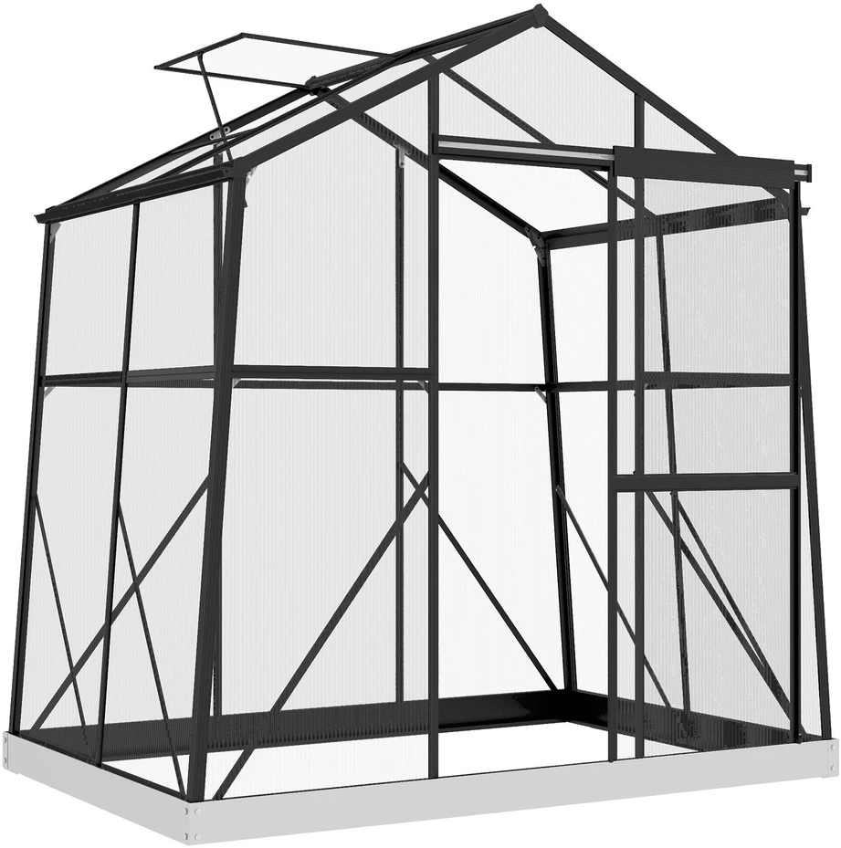 Outsunny aliuminis šiltnamis, 2,51 m², su langu, stumdomomis durimis ir pamatu, juodas, 131x192x203cm