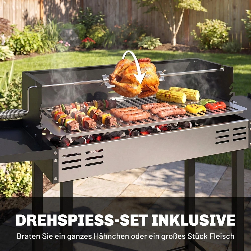 Outsunny anglies kepsninė, kempingo kepsninė su grotelėmis ir iešmo rinkiniu, sulankstoma, kempingui, sodui, BBQ, nerūdijantis plienas + metalas, juoda
