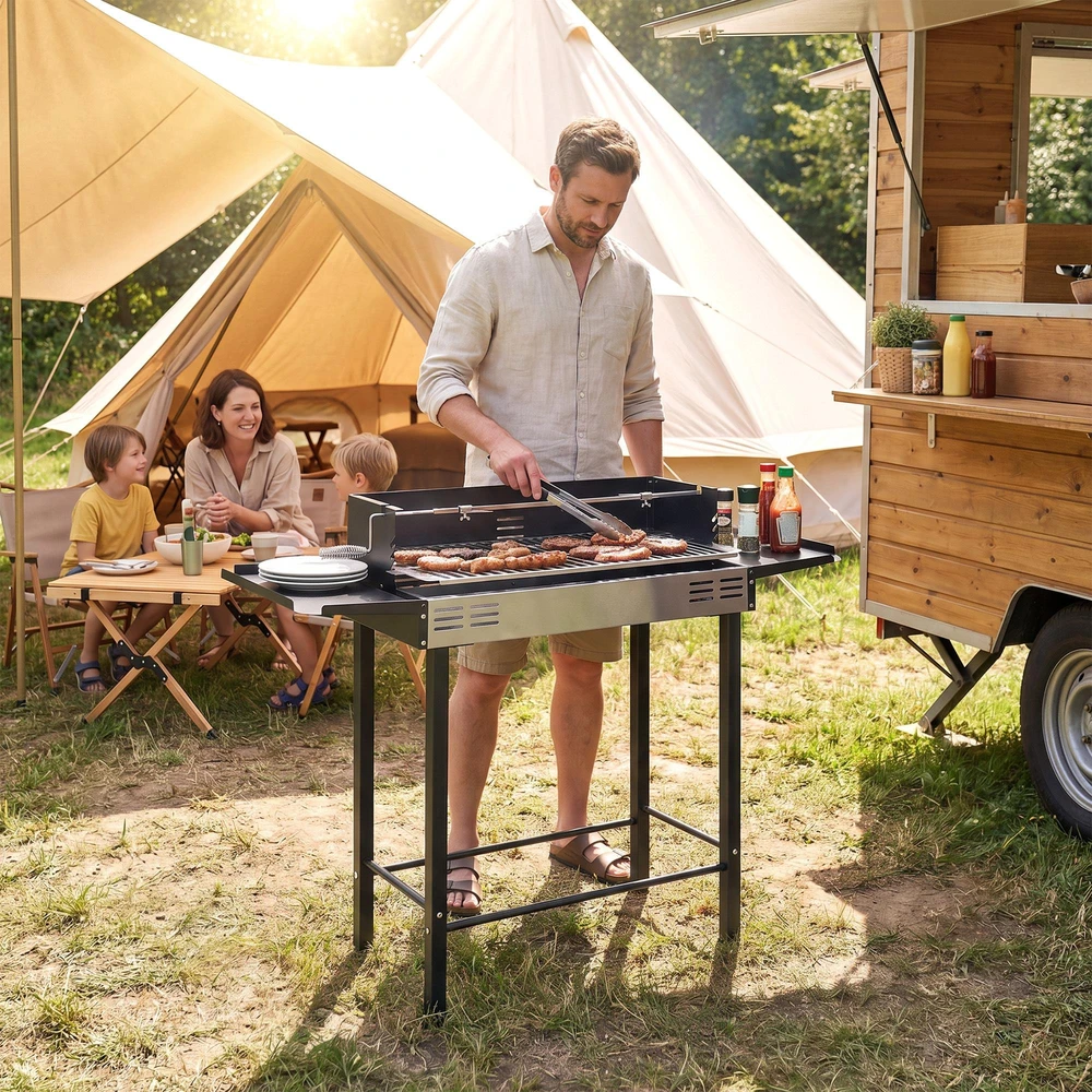 Outsunny anglies kepsninė, kempingo kepsninė su grotelėmis ir iešmo rinkiniu, sulankstoma, kempingui, sodui, BBQ, nerūdijantis plienas + metalas, juoda