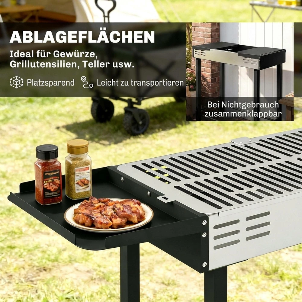 Outsunny anglies kepsninė, kempingo kepsninė su grotelėmis ir iešmo rinkiniu, sulankstoma, kempingui, sodui, BBQ, nerūdijantis plienas + metalas, juoda