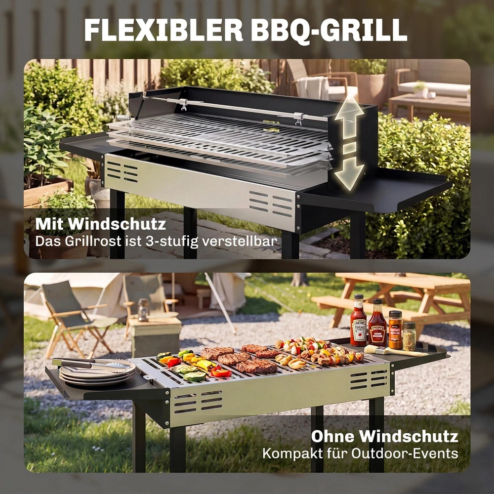 Outsunny anglies kepsninė, kempingo kepsninė su grotelėmis ir iešmo rinkiniu, sulankstoma, kempingui, sodui, BBQ, nerūdijantis plienas + metalas, juoda