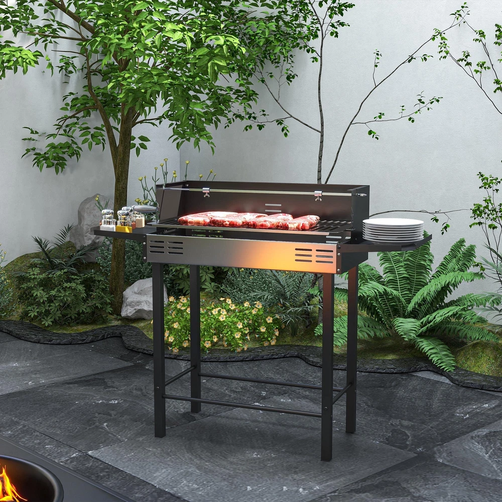 Outsunny anglies kepsninė, kempingo kepsninė su grotelėmis ir iešmo rinkiniu, sulankstoma, kempingui, sodui, BBQ, nerūdijantis plienas + metalas, juoda
