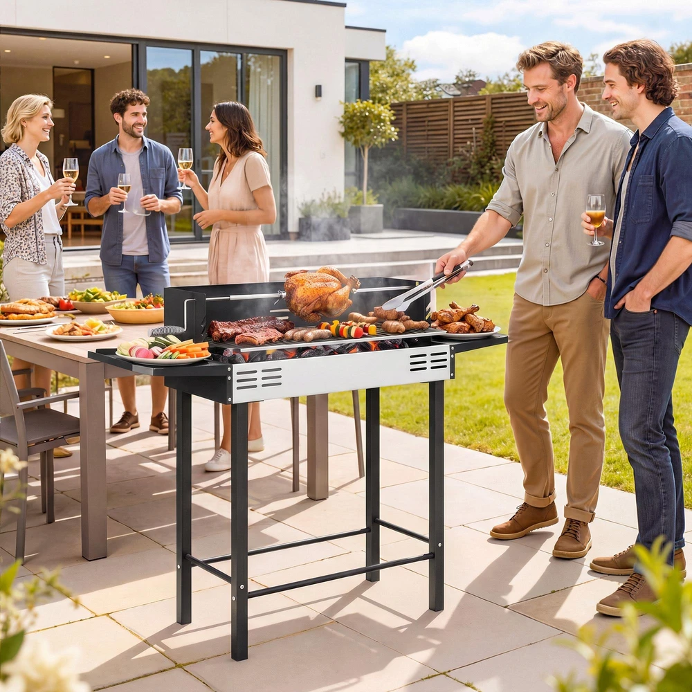 Outsunny anglies kepsninė, kempingo kepsninė su grotelėmis ir iešmo rinkiniu, sulankstoma, kempingui, sodui, BBQ, nerūdijantis plienas + metalas, juoda