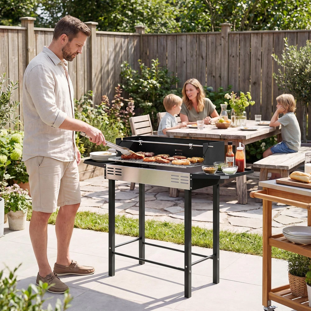 Outsunny anglies kepsninė, kempingo kepsninė su grotelėmis ir iešmo rinkiniu, sulankstoma, kempingui, sodui, BBQ, nerūdijantis plienas + metalas, juoda