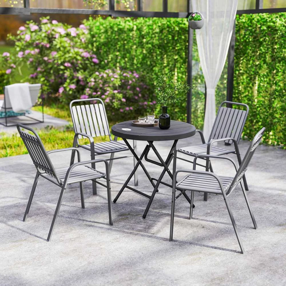 Outsunny sodo stalas, apvalus sulankstomas stalas, Ø80 cm šoninis staliukas 4 asmenims, sodo valgomasis stalas su dekoratyvia medienos išvaizda, balkonui, tamsiai pilkas