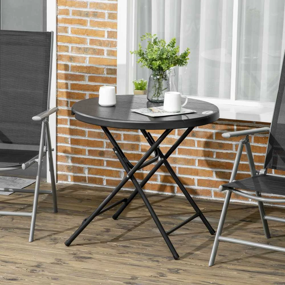 Outsunny sodo stalas, apvalus sulankstomas stalas, Ø80 cm šoninis staliukas 4 asmenims, sodo valgomasis stalas su dekoratyvia medienos išvaizda, balkonui, tamsiai pilkas