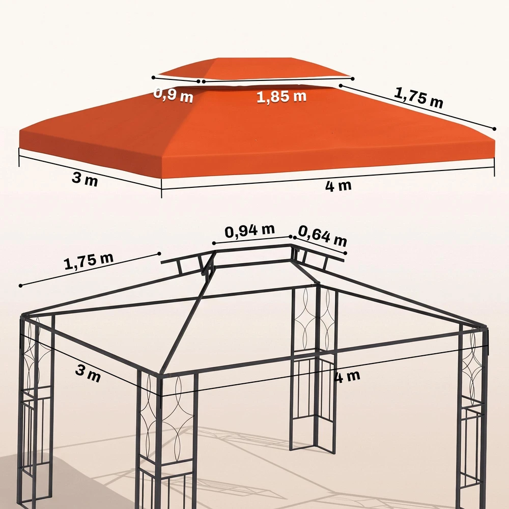 „Outsunny“ atsarginis stogas pavėsinėms, metalinėms pavėsinėms, sodo pavėsinėms, vakarėlių palapinėms, sodo palapinėms, poliesteris, 3x4 m, rūdžių raudona spalva
