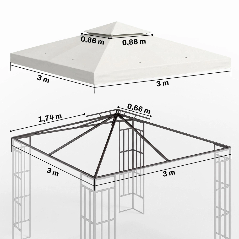Outsunny atsarginis stogas, paviljono stogas metaliniam paviljonui, sodo paviljono stogas, 3x3m, kreminės baltos spalvos, poliesteris