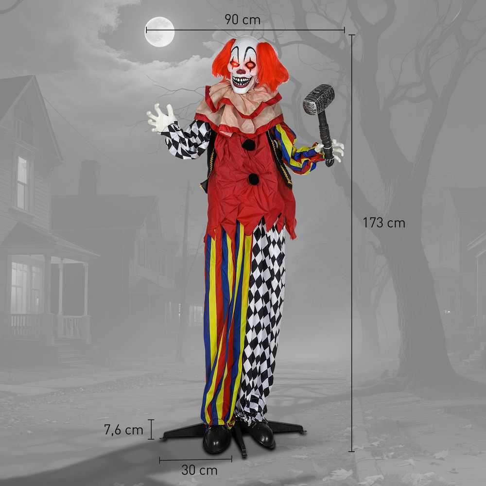 Outsunny Baisus klounas, Helovino animatronika, 173 cm, šviečiančios akys, garso aktyvavimas, judančios rankos ir galva, veikiantis baterijomis, plastikas, metalas, raudonas