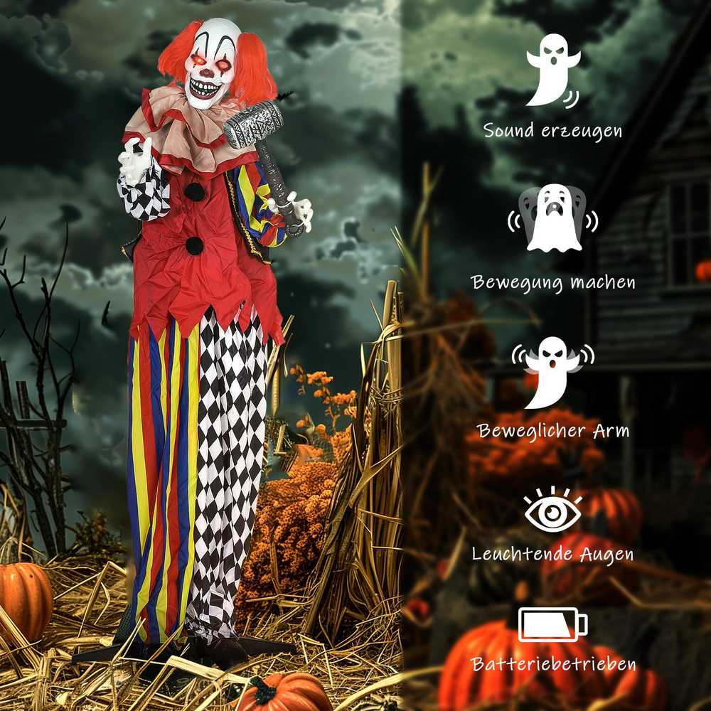 Outsunny Baisus klounas, Helovino animatronika, 173 cm, šviečiančios akys, garso aktyvavimas, judančios rankos ir galva, veikiantis baterijomis, plastikas, metalas, raudonas