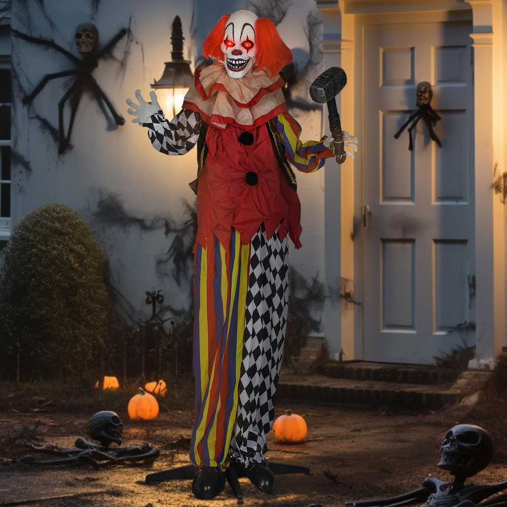 Outsunny Baisus klounas, Helovino animatronika, 173 cm, šviečiančios akys, garso aktyvavimas, judančios rankos ir galva, veikiantis baterijomis, plastikas, metalas, raudonas