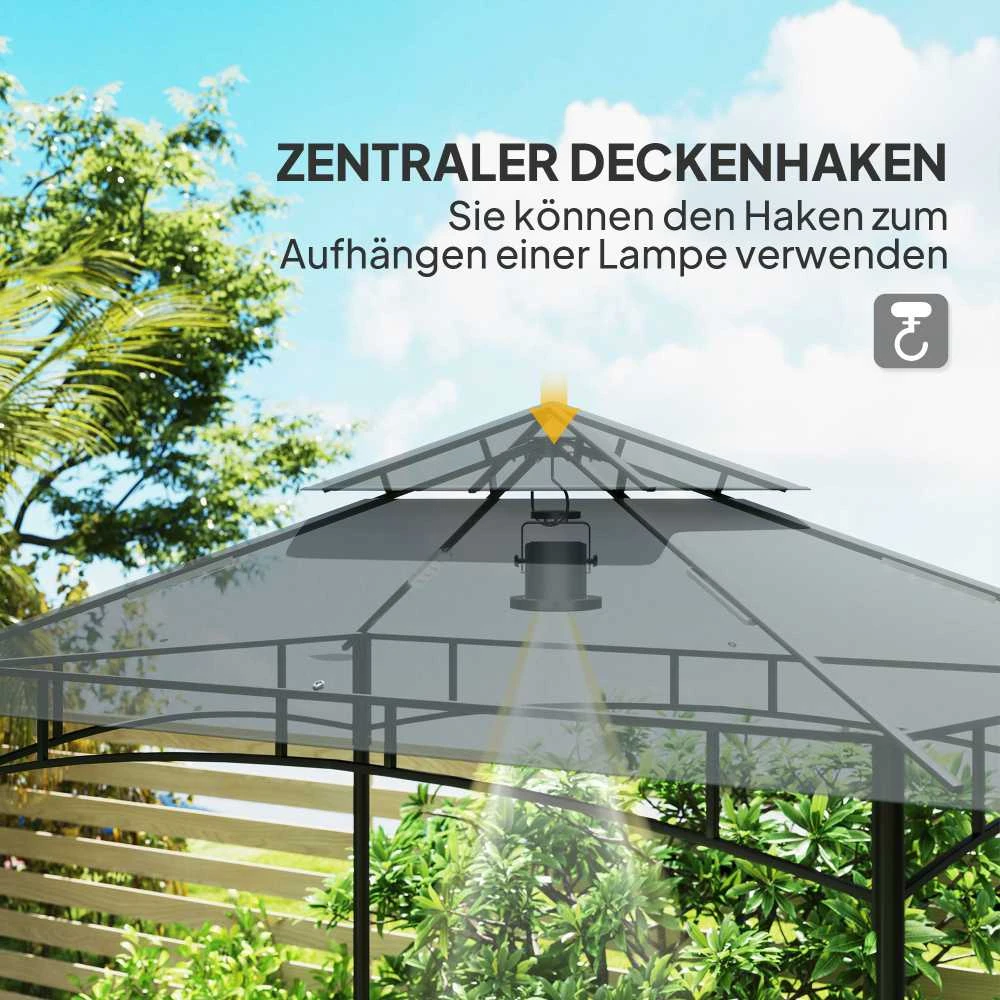 Outsunny kepsninių pavėsinė su LED apšvietimu, 240 x 150 x 258 cm, vandeniui atspari, ugniai atspari sodo pavėsinė su dvigubu stogu, šoninėmis lentynomis, UV apsauga, tamsiai pilka