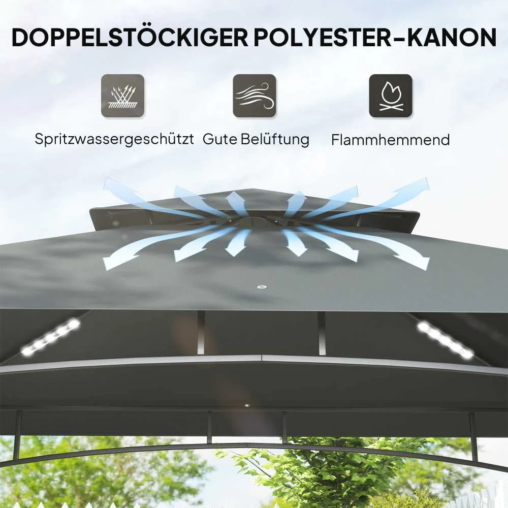 Outsunny kepsninių pavėsinė su LED apšvietimu, 240 x 150 x 258 cm, vandeniui atspari, ugniai atspari sodo pavėsinė su dvigubu stogu, šoninėmis lentynomis, UV apsauga, tamsiai pilka