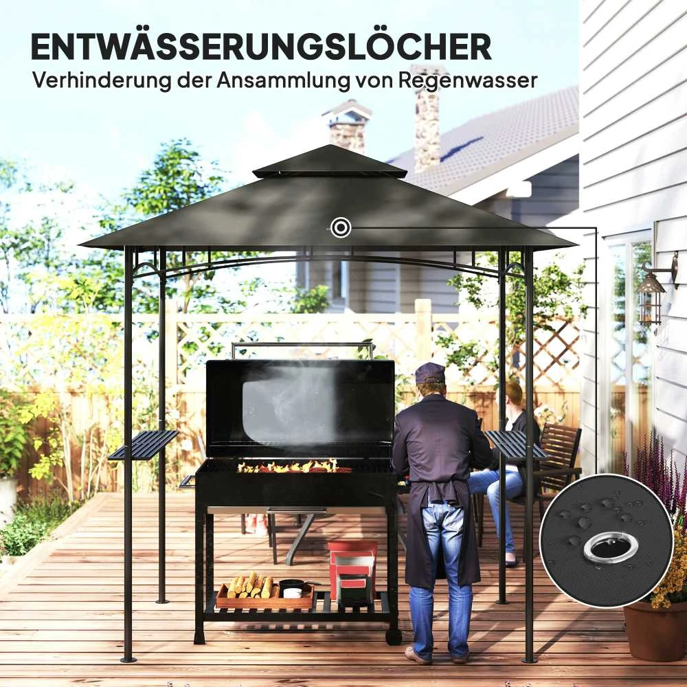 Outsunny kepsninių pavėsinė su LED apšvietimu, 240 x 150 x 258 cm, vandeniui atspari, ugniai atspari sodo pavėsinė su dvigubu stogu, šoninėmis lentynomis, UV apsauga, tamsiai pilka