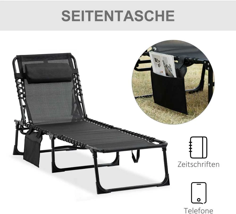 Bez Marki Outsunny sulankstomas gultas, sodo gultas su reguliuojamu atlošu (5 padėtys), nuimama galvos atrama, šonine kišene, audinio užvalkalu ir plieniniu rėmu, 185 x 58 x 30 cm, juodas