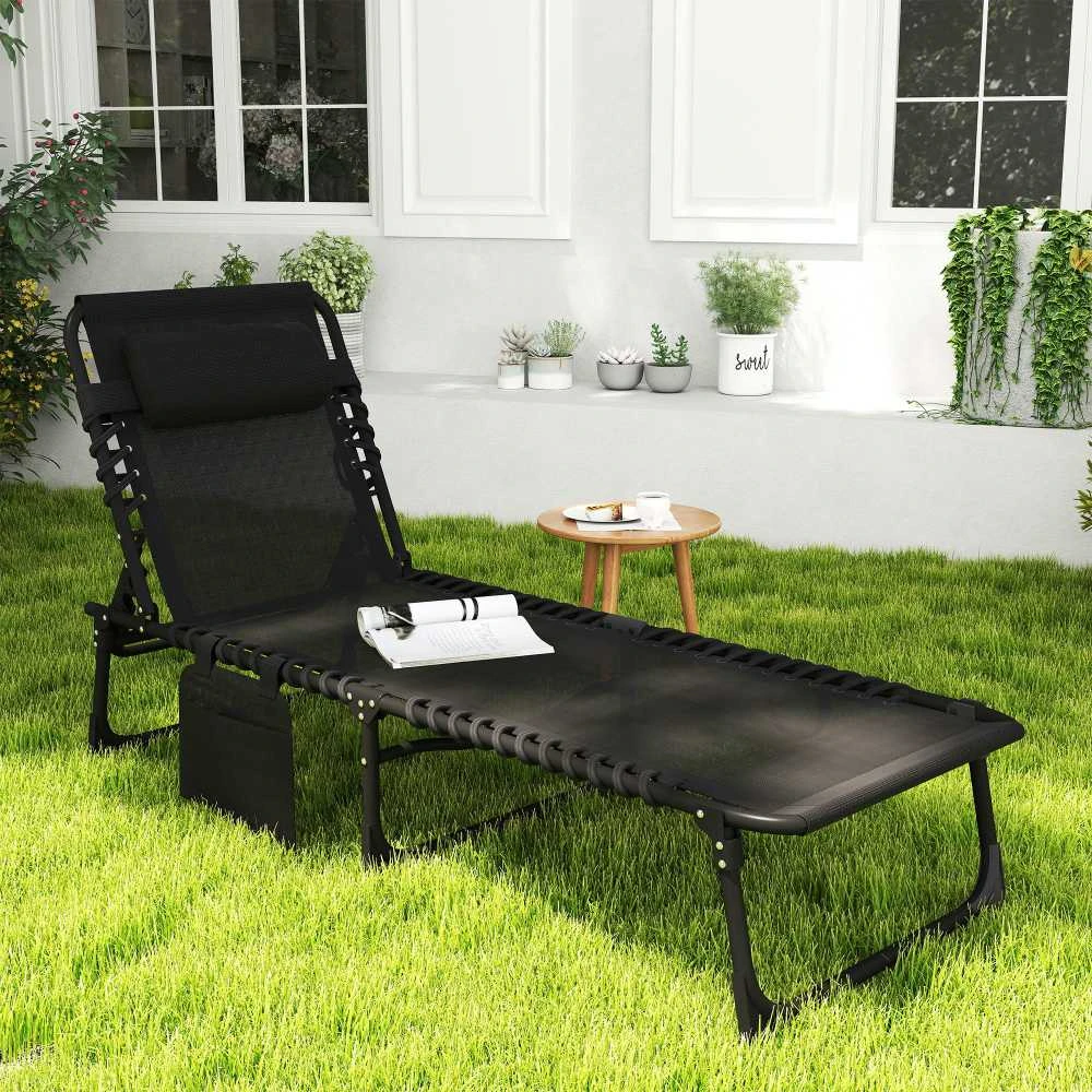 Bez Marki Outsunny sulankstomas gultas, sodo gultas su reguliuojamu atlošu (5 padėtys), nuimama galvos atrama, šonine kišene, audinio užvalkalu ir plieniniu rėmu, 185 x 58 x 30 cm, juodas