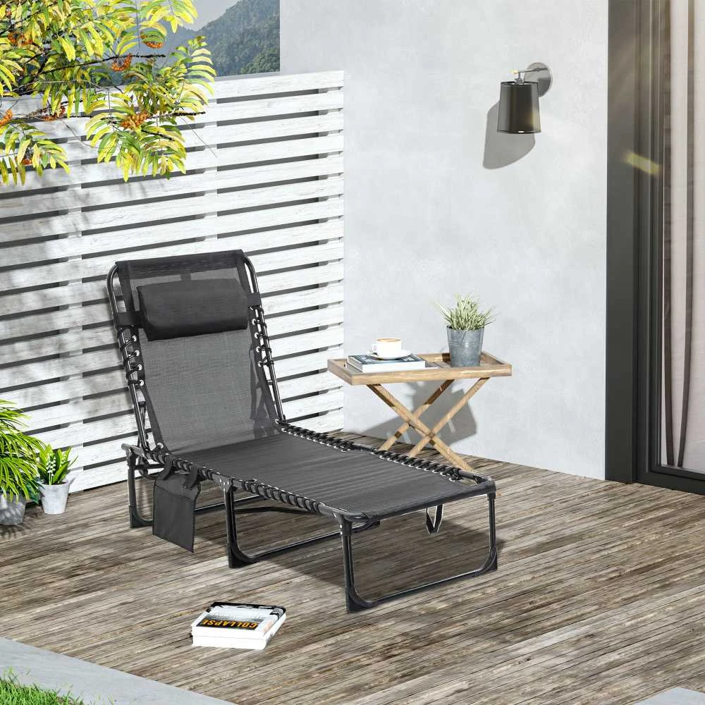 Bez Marki Outsunny sulankstomas gultas, sodo gultas su reguliuojamu atlošu (5 padėtys), nuimama galvos atrama, šonine kišene, audinio užvalkalu ir plieniniu rėmu, 185 x 58 x 30 cm, juodas