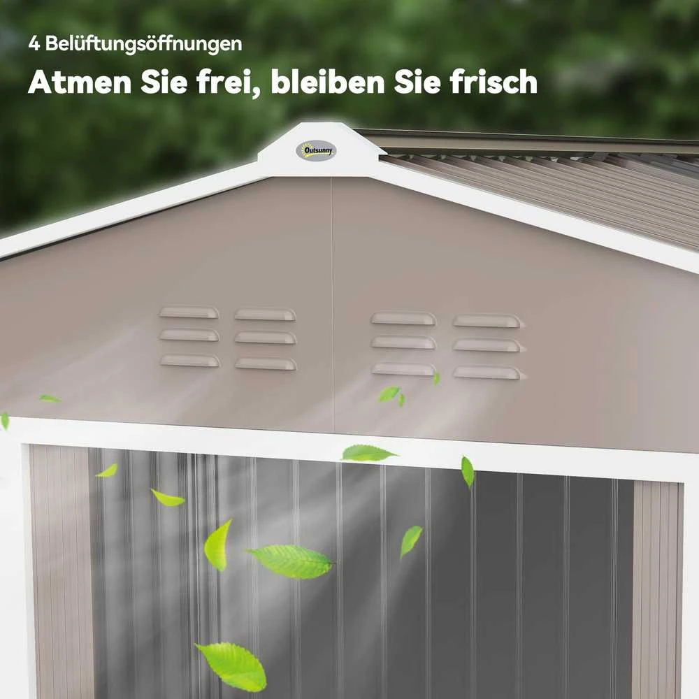 Outsunny cinkuoto plieno įrankių namelis 4,9 m² 277x195x192 cm, sodo namelis su šlaitiniu stogu, pamatu, rakinamomis stumdomomis durimis ir vėdinimu, šviesiai pilkas