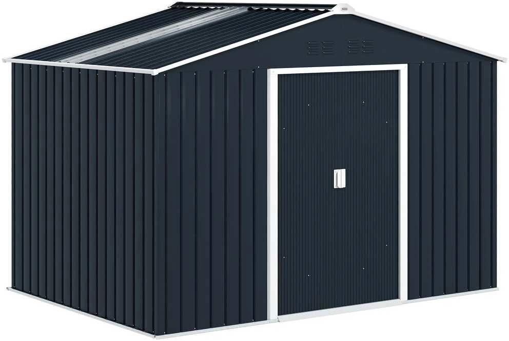 Outsunny cinkuoto plieno įrankių namelis 4,9 m² 277x195x192 cm, sodo namelis su dvišlaičiu stogu, pamatu, rakinamomis stumdomomis durimis, atsparus oro sąlygoms, tamsiai pilkas