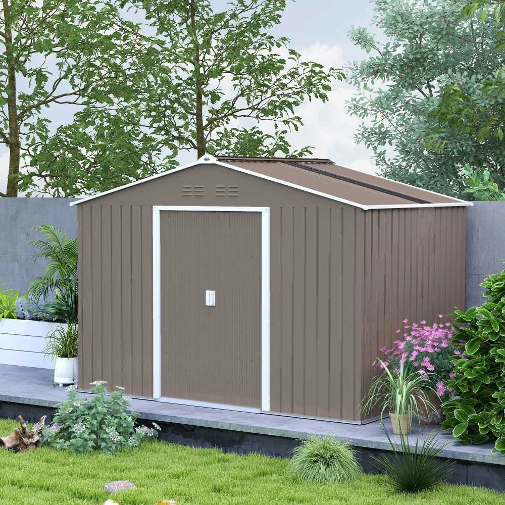 Outsunny cinkuoto plieno įrankių namelis 4,9 m² 277x195x192 cm, sodo namelis su šlaitiniu stogu, pamatu, rakinamomis stumdomomis durimis ir vėdinimu, šviesiai pilkas