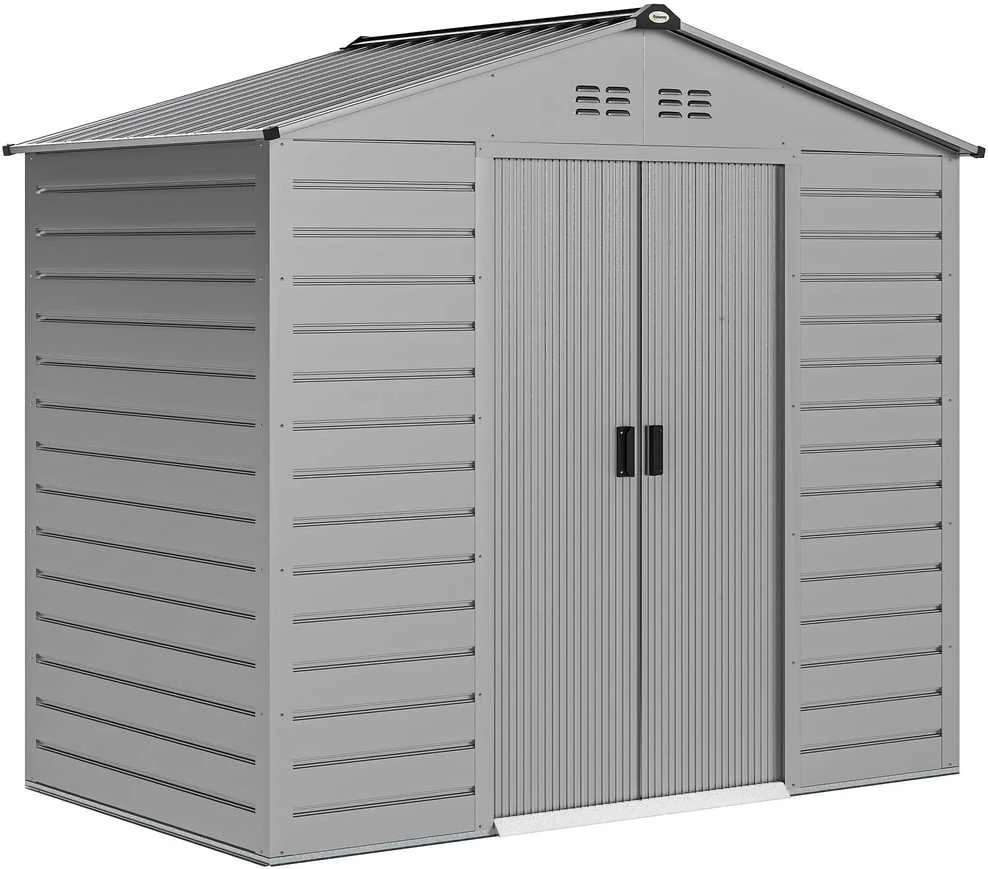 Outsunny cinkuoto plieno sodo namelis 2,43 m², 213x131x192 cm, su dvišlaičiu stogu, rakinamomis stumdomomis durimis, atsparus oro sąlygoms, pilkas
