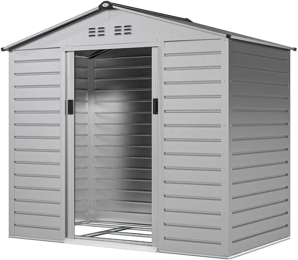 Outsunny cinkuoto plieno sodo namelis 2,43 m², 213x131x192 cm, su dvišlaičiu stogu, rakinamomis stumdomomis durimis, atsparus oro sąlygoms, pilkas