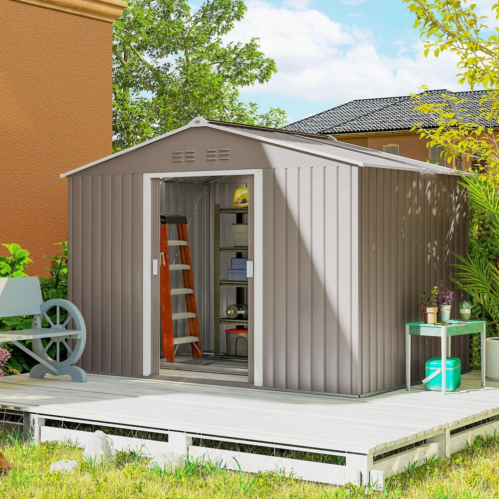 Outsunny cinkuoto plieno įrankių namelis 4,9 m² 277x195x192 cm, sodo namelis su šlaitiniu stogu, pamatu, rakinamomis stumdomomis durimis ir vėdinimu, šviesiai pilkas