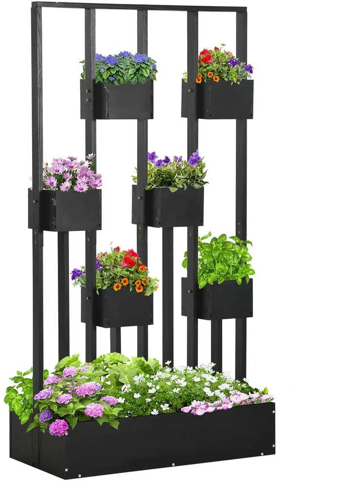 Outsunny gėlių dėžė, pakelta lysvė, vazonas su grotelėmis, modulinis dizainas, sieninė daržovių lysvė terasai, medžio masyvas, juoda, 90 x 45 x 170 cm