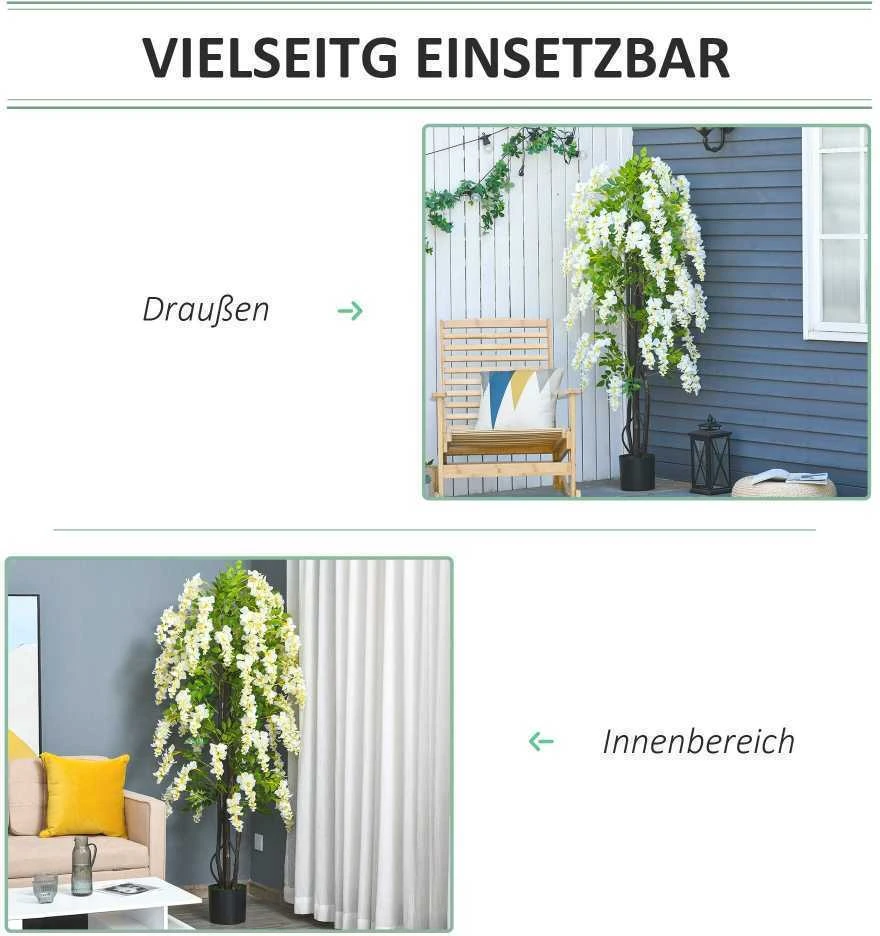 Dirbtinis augalas Outsunny su baltais visterijos žiedais, dekoratyviniai dirbtiniai augalai vazone, 1,65 m, plastikas, cementas, balta + žalia
