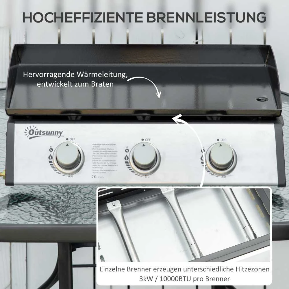 Outsunny dujinis grilis 10000BTU/2,5 kW, įskaitant 3 nerūdijančio plieno degiklius, slėgio reguliatorių, dujų žarną, BBQ sodo grilis balkonui, stovyklavimo grilis 63 x 48 x 21 cm