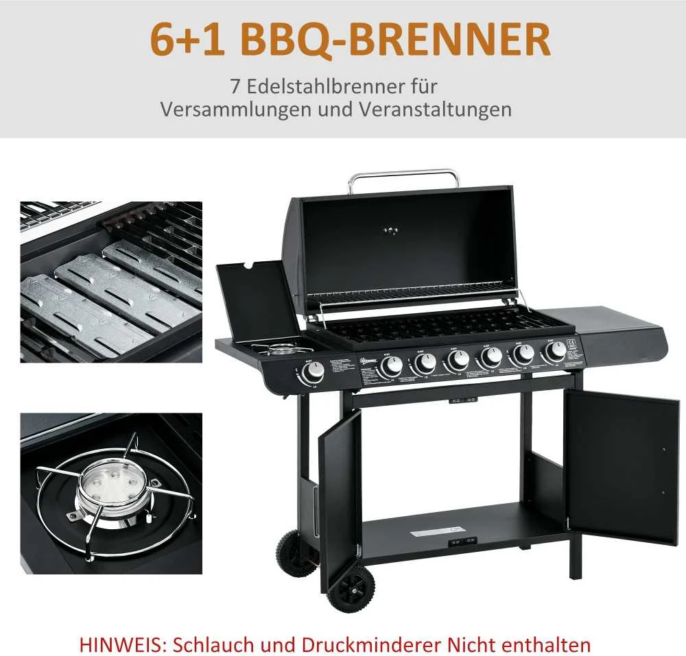 Outsunny dujinis grilis, BBQ vežimėlis su 6 degikliais, 1 šoniniu degikliu, spintele, daugiafunkcis, metalinis, juodas, 135 x 50 x 100 cm