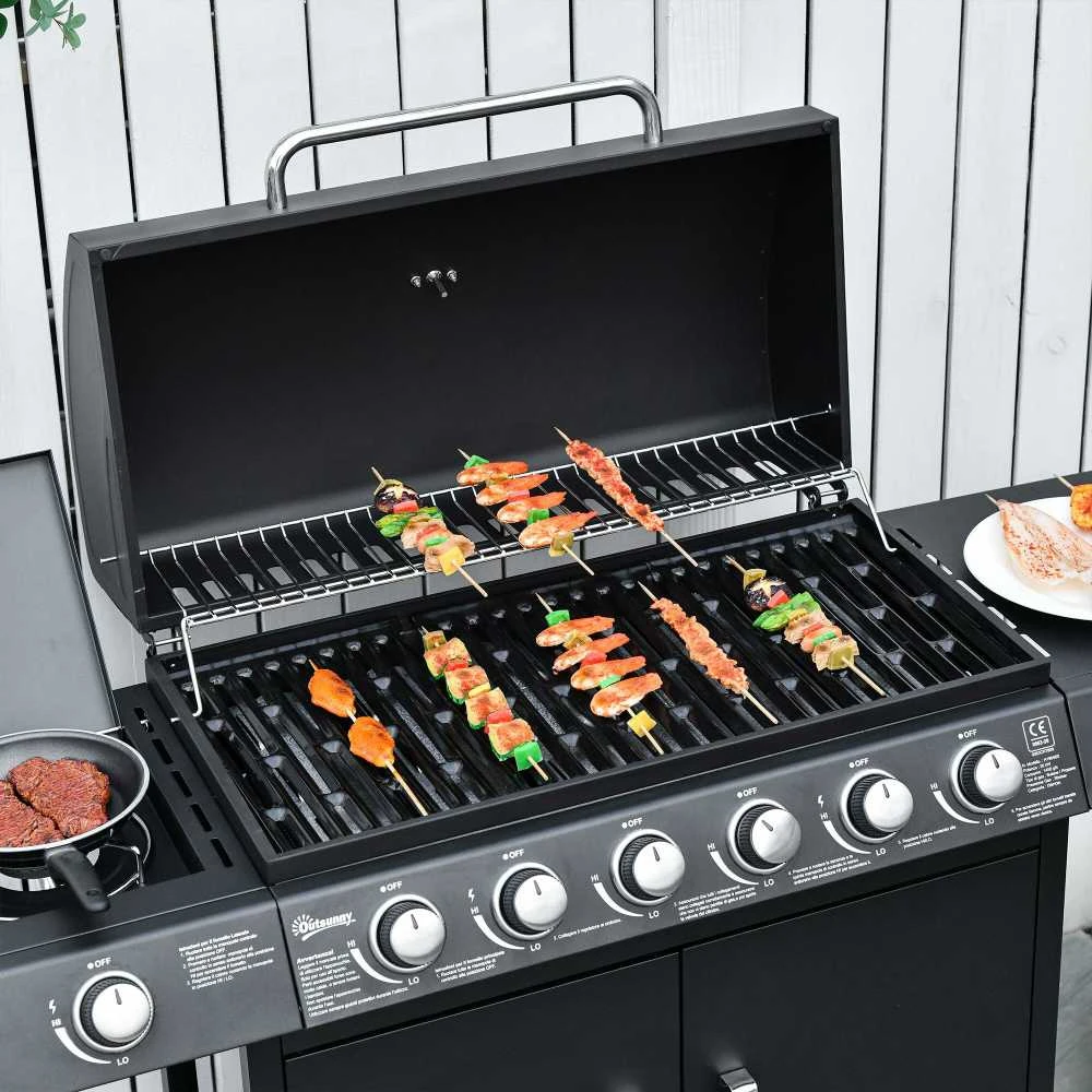 Outsunny dujinis grilis, BBQ vežimėlis su 6 degikliais, 1 šoniniu degikliu, spintele, daugiafunkcis, metalinis, juodas, 135 x 50 x 100 cm