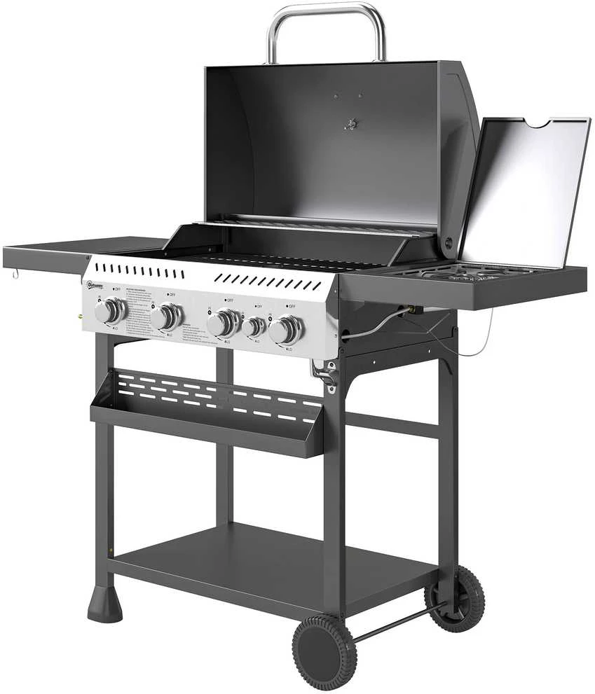 Outsunny dujinis grilis, 12 kW, 4+1 degikliai, nerūdijančio plieno grilio vežimėlis su šoniniu degikliu, termometru, grotelėmis, kaitlente, butelių atidarytuvu ir šoninėmis lentynomis, dujinis grilis balkonui, stovyklavimui, 135 x 55 x 103 cm