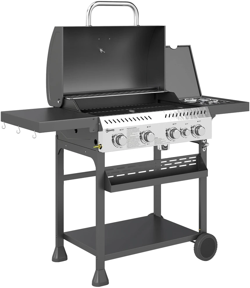Outsunny dujinis grilis, 12 kW, 4+1 degikliai, nerūdijančio plieno grilio vežimėlis su šoniniu degikliu, termometru, grotelėmis, kaitlente, butelių atidarytuvu ir šoninėmis lentynomis, dujinis grilis balkonui, stovyklavimui, 135 x 55 x 103 cm
