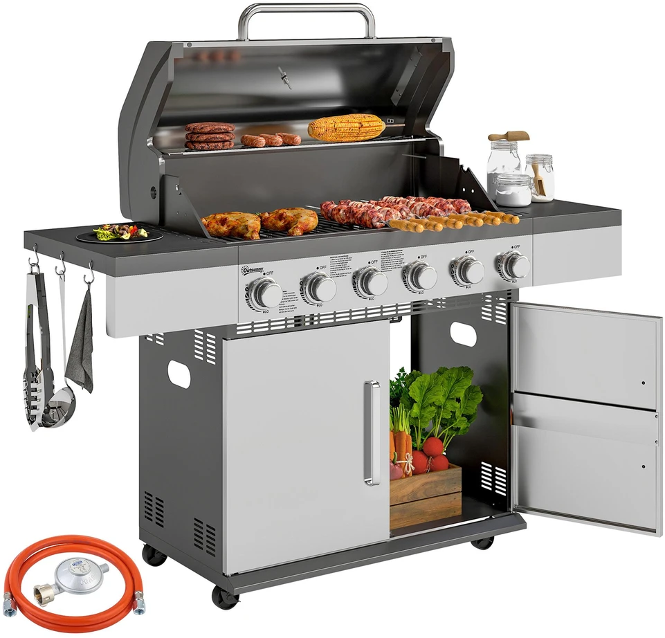 Outsunny dujinis grilis 8500 BTU vežimėlis su 6 nerūdijančio plieno degikliais, termometru, slėgio reguliatoriumi, žarna ir šoninėmis lentynomis, 141 x 55 x 110 cm